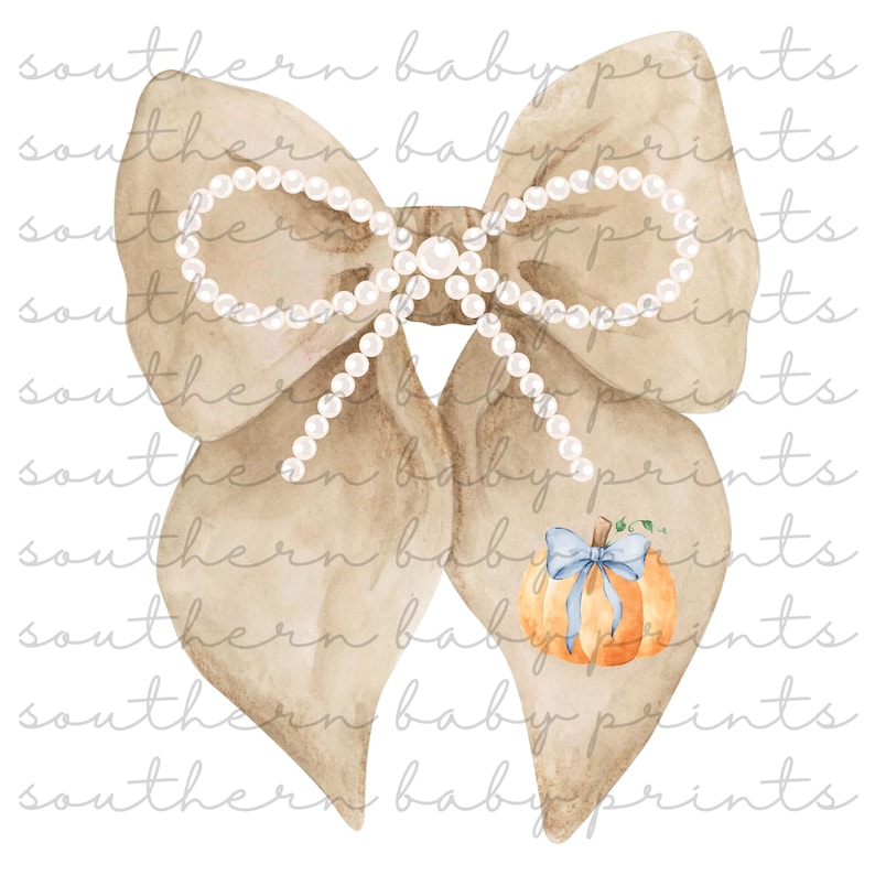 May include: Watercolor illustration of a large tan bow adorned with a string of white pearls. A small orange pumpkin with a blue bow is on the lower right. The text "southern baby prints" is repeated across the image.