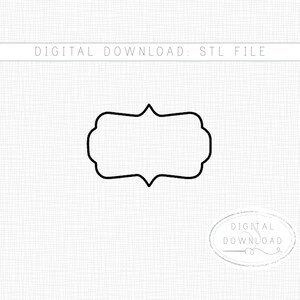 May include: A black outline of a decorative frame on a white background. The frame has a unique shape with curved edges and points. The text "DIGITAL DOWNLOAD: STL FILE" is at the top. A smaller oval with "DIGITAL DOWNLOAD" is at the bottom.