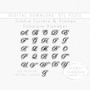 Virvlande alfabetskakformar med stämplar, STL-filer, kalligrafitypsnitt, monogramstilbokstäver, A till Ö direkt digital nedladdning