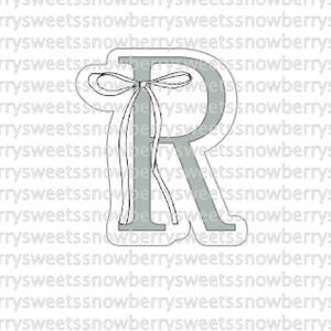 May include: A light gray letter "R" with a bow and ribbons. The letter is outlined in white and has a decorative bow at the top with long ribbons hanging down. The background is a repeating pattern of the text "errysweetssnowberrysweetssnowberrysw".