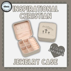 May include: An open, beige jewelry case with multiple compartments and a closed, matching case with three crosses and text. The image includes the text "INSPIRATIONAL CHRISTIAN JEWELRY CASE" and "4 COLORS AVAILABLE!"