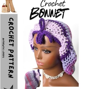 Puede incluir: Un gorro de ganchillo en tonos morados, rosas y blancos se muestra en un maniquí. El gorro presenta un acento decorativo morado en la parte superior. La imagen incluye el texto "Crochet BONNET" y "PATTERN ONLY."