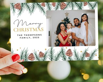 White & Green Pine leaves and cones Christmas/ Winter/ Holiday Themed Card- Digital or Print