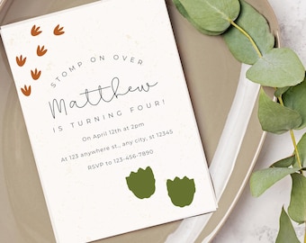 Dino Stomp "Stomp on Over" Dinosaur Footprint Birthday Party Invitation: Digital & Printing