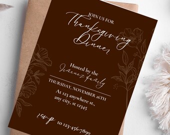 Thanksgiving Maroon, Gold & Floral Fall themed Dinner Party Invitation: Digital or Print