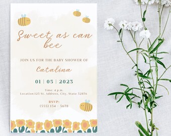 Sweet as Can Bee: Bee, Flower & Honey Themed Baby Shower Invitations- Printing or Digital