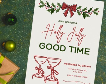 Red & Green "Holly Jolly Good Time" Christmas Themed Party Invitation: Digital or Print