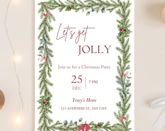 Red & Green Garland "Let's Get Jolly" Christmas Themed Party Invitation: Digital or Print