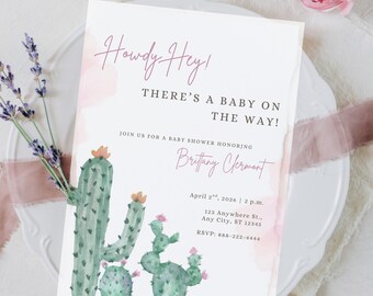 Howdy Hey! Watercolor Cactus Bloom Baby Shower Invitations: Printing or Digital