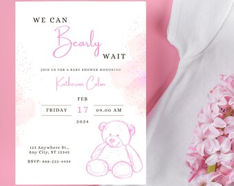 Pink Watercolor Bear Baby Shower Invitations: Printing or Digital