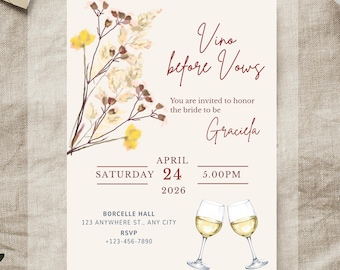 Wine-themed floral Vino before Vows Bridal Shower / Bachelorette Party Invitation: Print or Digital