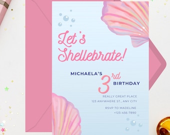 Mermaid "Let's Shellebrate" Birthday Party Invitation: Digital & Printing