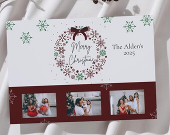 Red, Green & Cream Wreath Traditional Christmas Holiday Card: Digital or Print