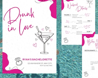 Pink Bachelorette party invitation template "Drunk in Love" theme
