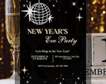 Black, White and Gold Disco Sparkle New Year's Eve Invitation: Digital or Print