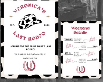 Black, White & Pink "Last Rodeo" Western and Cow Print Bridal Shower / Bachelorette Invitiation, Print or Digital Editable Template