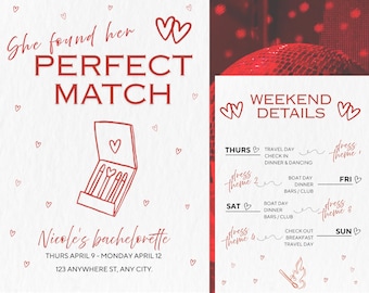 Red & White Matchbox "She found her perfect match" Bridal Shower / Bachelorette Invitation, Print or Digital Editable Template