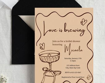 Espresso Martini "Love is Brewing " Brown Bridal Shower Invitation, Print or Digital