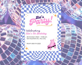 Kids Roller skating Funky Birthday Party Template Invitation: Digital & Printing
