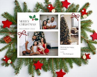 Red/Green Mistletoe & Bow Photo Collage Christmas Card: Digital or Print