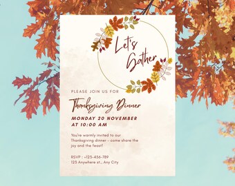 Thanksgiving "Let's Gather" Fall themed Dinner Party Invitation: Digital or Print
