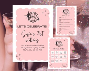 Disco 21st Birthday Invitation Template: Pink Party Kit | Canva Editable, Digital Download