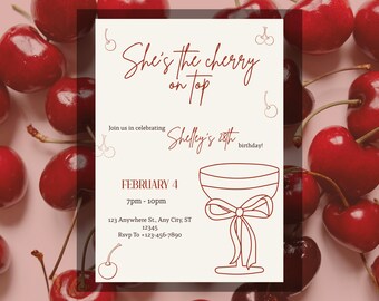 Red and Cream Cherry " She's the Cherry on Top" Minimalist Birthday Party Invitation