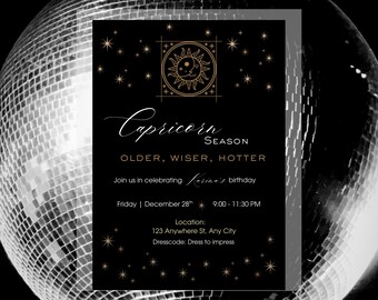 Black and Gold Astrological / Stars themed Capricorn Birthday Invitation, Editable Canva Template (Instant Download)