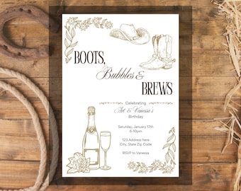 His/ Hers Country Western Birthday Invitation, Boots, Bubbles & Brews, Editable Canva Template (Instant Download)
