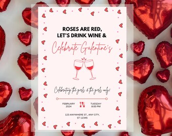 Galentines Girls Night Party Digital or Print Invitation: "Roses are red, let's drink wine"