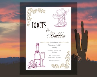 Hers Boots & Bubbles Birthday Invitation | Western Chic, Pink Purple Gold (Editable Canva Template)