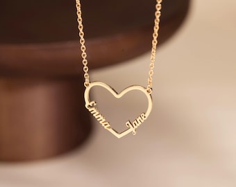 18K Gold Zwei Name Herz Halskette,Familie Name Halskette,Halskette mit Herz,Geburtstagsgeschenk,Valentinstag Geschenk,Geschenk für Sie