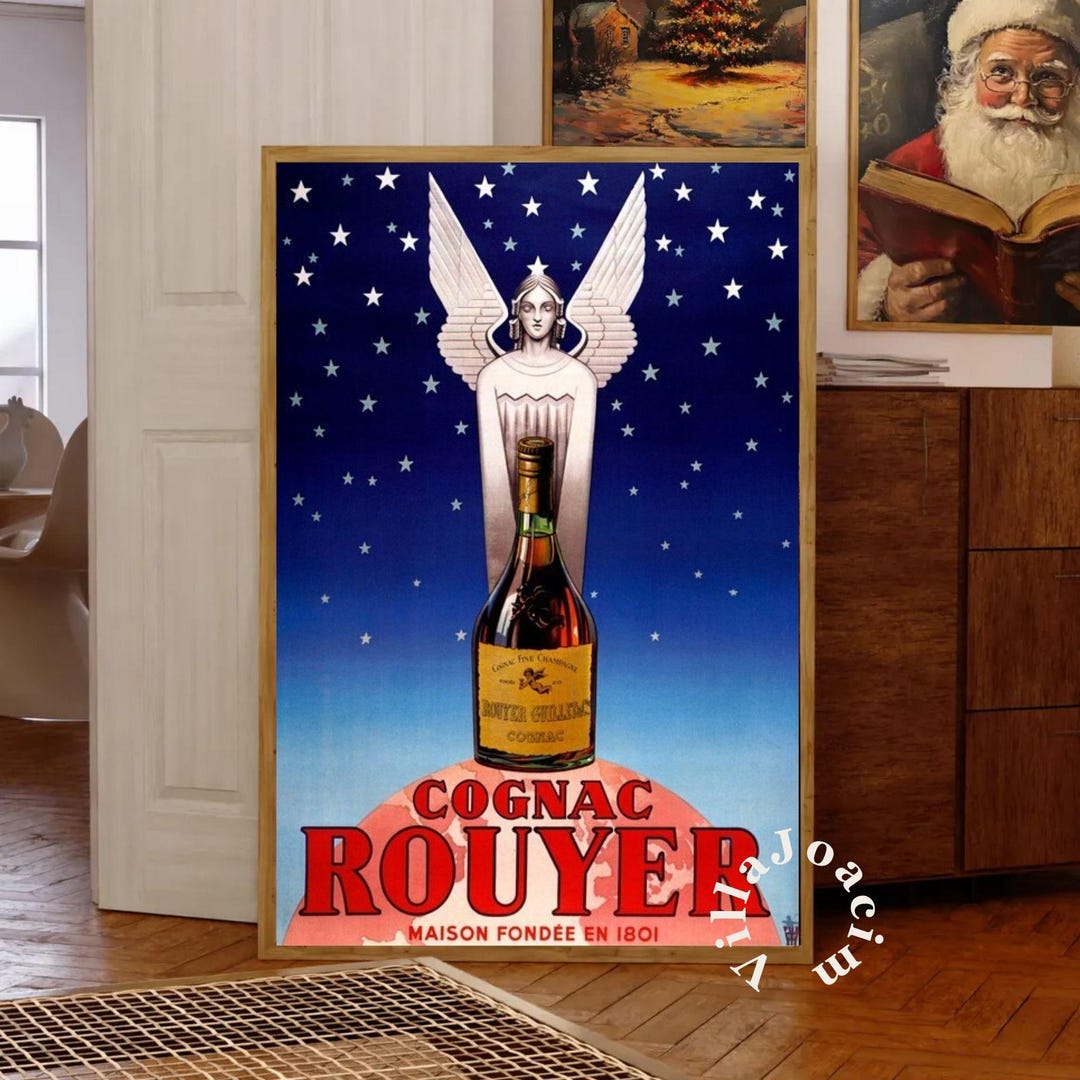French Cognac Poster, Rouyer Angel Bottle Globe Art, Night Sky Stars ...