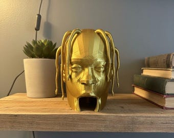 May include: A gold-colored bust of a person's head with long, hanging hair. The bust has a large opening at the base and is displayed on a wooden shelf. A small potted plant and a stack of books are also visible.