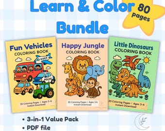 Puede incluir: Un conjunto de tres libros para colorear para niños titulados "Fun Vehicles", "Happy Jungle" y "Little Dinosaurs". Las portadas muestran ilustraciones de vehículos, animales de la selva y dinosaurios. El texto "Learn & Color Bundle" está en la parte superior.