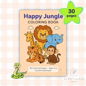 Happy Jungle Coloring Book | Safari Animals for Kids | 30 Printable Pages | PDF Instant Download