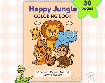 May include: A children's colouring book titled "Happy Jungle Coloring Book" featuring illustrations of a lion, giraffe, tiger, elephant, and monkey. The cover also includes the text "30 pages" and "30 Coloring Pages | Ages 3-6 | Instant Download".