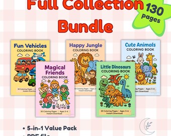 May include: A collection of five children's coloring books, including titles like "Fun Vehicles" and "Happy Jungle." The books feature colourful illustrations and the text "Full Collection Bundle." The bundle contains 130 pages and is a PDF file, perfect for young artists.