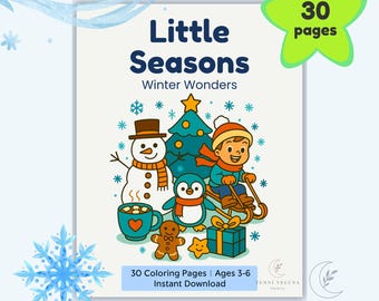 May include: A coloring book titled "Little Seasons Winter Wonders" with a winter-themed illustration. The cover features a snowman, penguin, child sledding, Christmas tree, and gingerbread man. The book has 30 pages and is for ages 3-6.