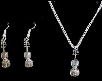 Violin Earrings & Necklace Set: Tibetan Silver Music Jewelry