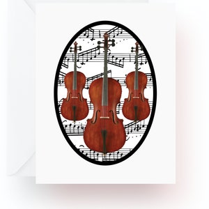 May include: Three brown cellos are arranged in a triangular formation against a background of black musical notes on a white oval.