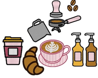 Coffee Machine Embroidery Design Set, Croissant, Cafe, Collection, Espresso, Kitchen, Barista, Tamper, dst, exp, vp3, jef, xxx, pes file