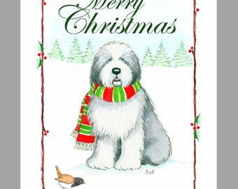 Old English Sheepdog Christmas Cards,  Box of 16 Cards with 16 White Envelopes