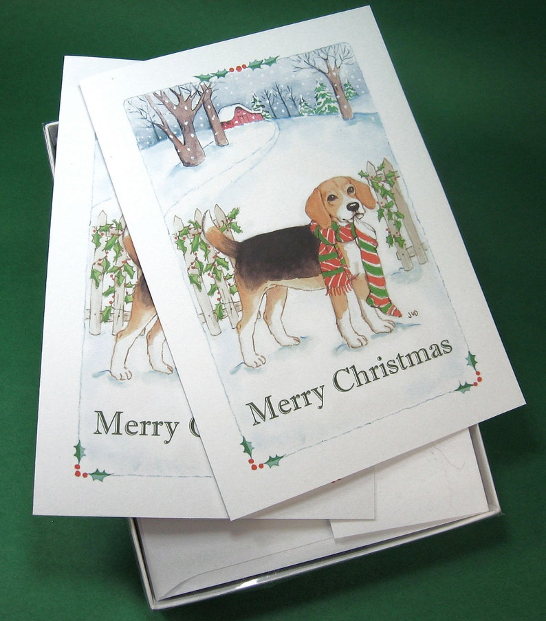 Beagle Christmas cards, box of 16 in a snowy scene image 2