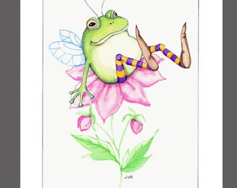 Frog with Fairy Wings & Striped Socks on a flower, box of 16 with 16 white envelopes, 5"X7"