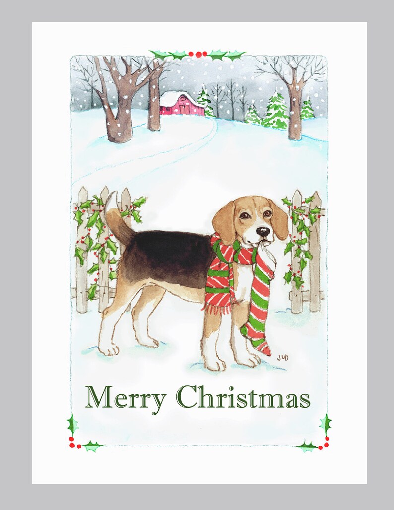 Beagle Christmas cards, box of 16 in a snowy scene image 1