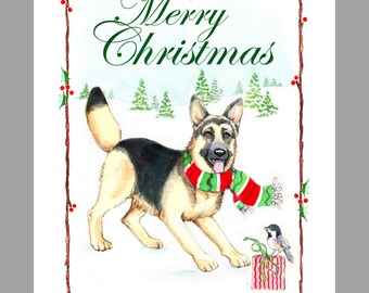 German Shepherd Dog Christmas Cards, Box of 16 Cards and 16 White Envelopes