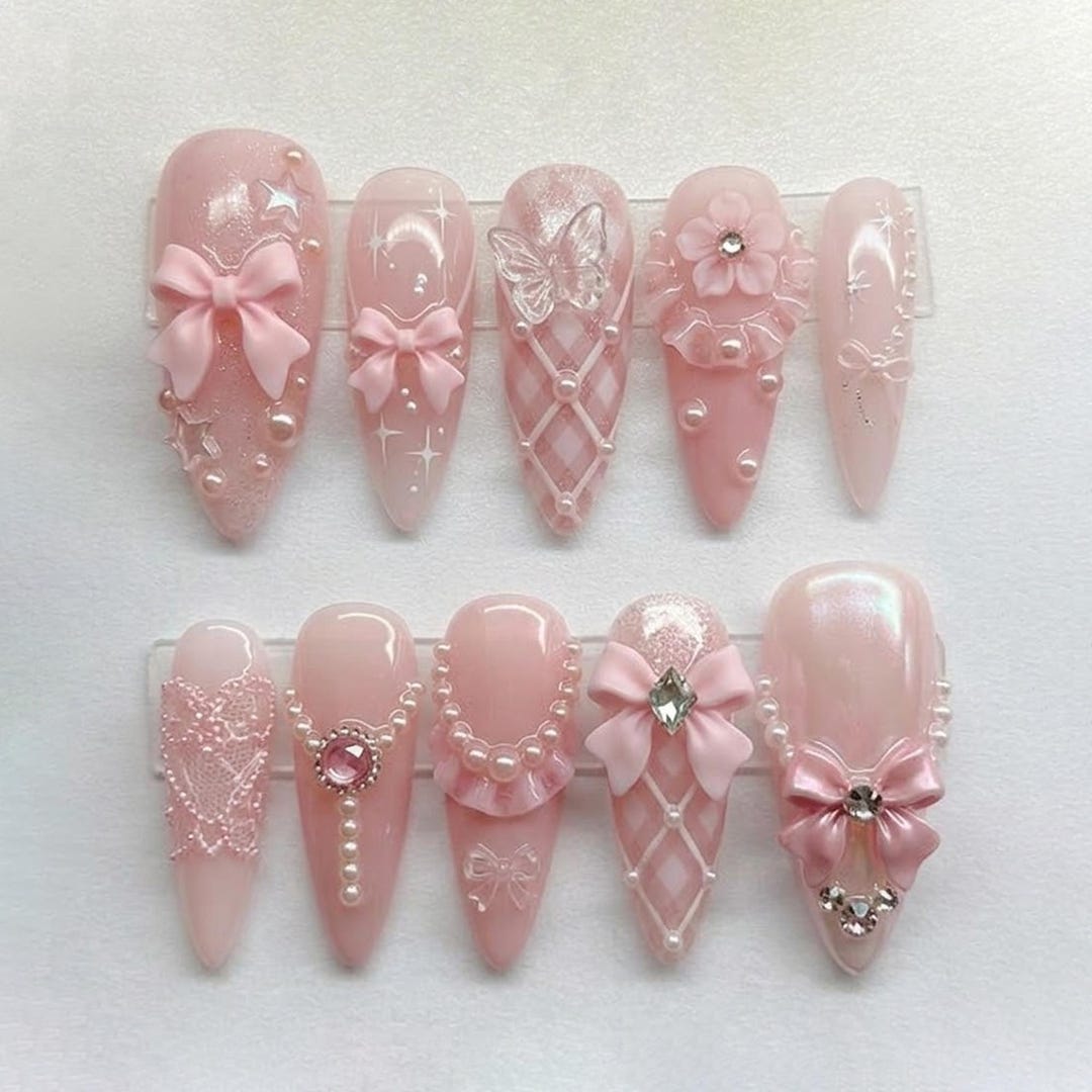 Handmade Pink Coquette Press on Nails - 3D Bow Pearl Rhinestone Design - Almond Nails for Feminine Soft Girl Romantic Vibe - Etsy