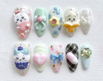 Chiikawa Press On Nails: 3D Fruit, Bows, Kawaii Pastel Nail Art
