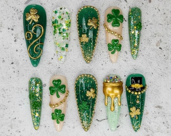 Handmade St. Patrick's Day Press On Nails, 3D Shamrock, Gold Pot Set